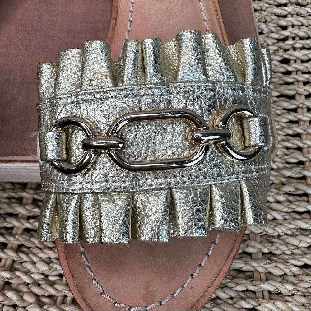 Kate Spade Ruffle Beau Leather Slide Sandal Gold Sz 8 - Picture 5 of 15